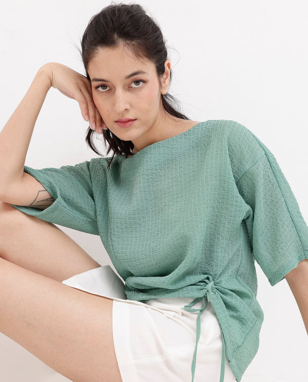 Rareism Women Texmer-SC Green Short Sleeve Boat Neck Plain Top