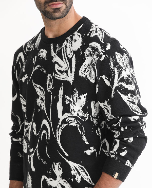 Rare Rabbit Men's Thalora Black Cotton Polyester Fabric Full Sleeves Abstract Floral Print Knitted Sweatshirt