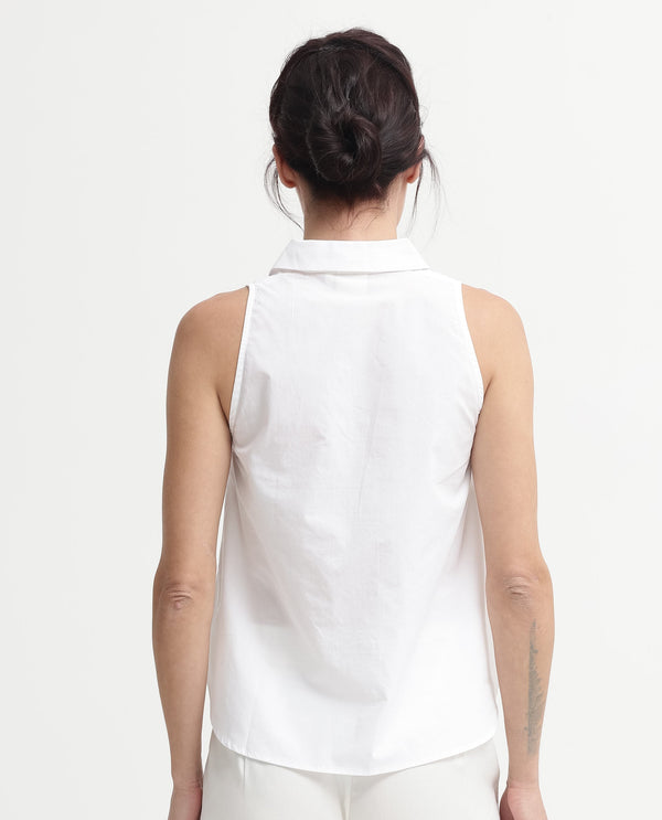 Rareism Women Thebe-SC White Cotton Fabric Sleeveless Collared Neck Button Closure Solid Regular Fit Top