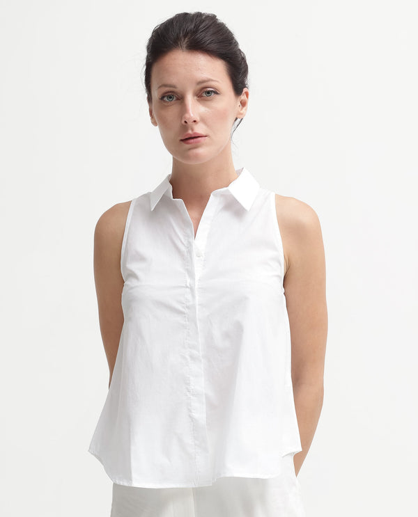 Rareism Women Thebe-SC White Cotton Fabric Sleeveless Collared Neck Button Closure Solid Regular Fit Top