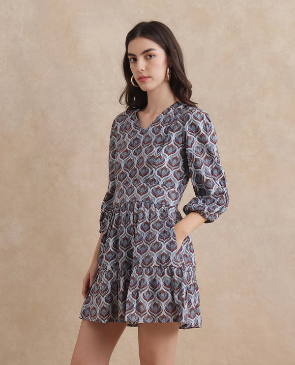 Rareism Women's Thecon Blue  V-Neck Zipper Closure Bishop Sleeve Abstract Fit And Flare Mini Dress