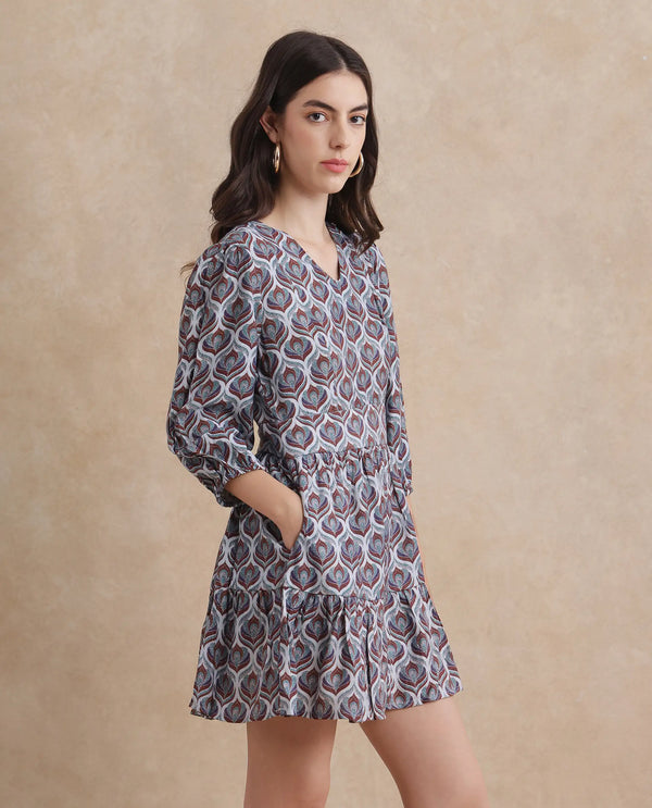Rareism Women's Thecon Blue  V-Neck Zipper Closure Bishop Sleeve Abstract Fit And Flare Mini Dress