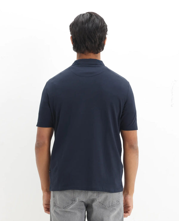 Rare Rabbit Men Thero Navy Cotton Lycra Fabric Short Sleeve Embroidered Collar Zipper Closure Plain Polo T-Shirt