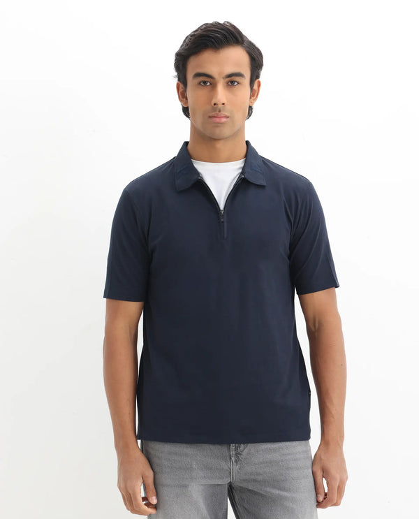 Rare Rabbit Men Thero Navy Cotton Lycra Fabric Short Sleeve Embroidered Collar Zipper Closure Plain Polo T-Shirt