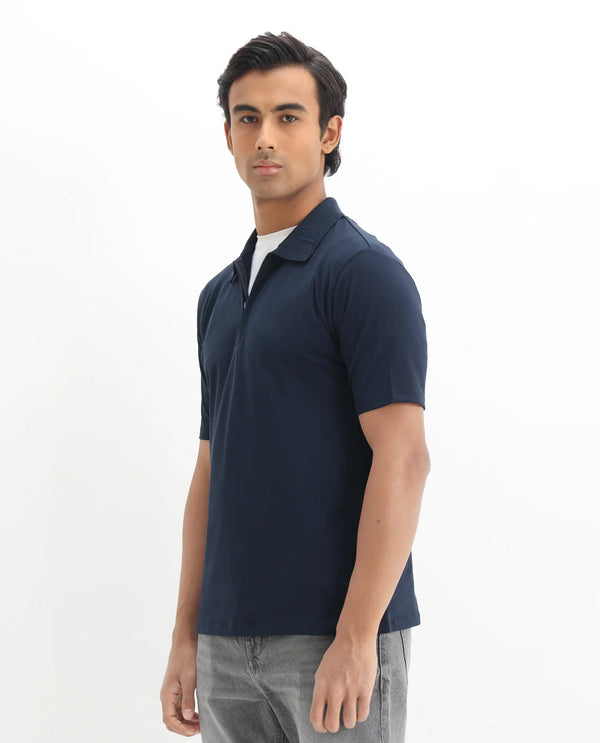 Rare Rabbit Men Thero Navy Cotton Lycra Fabric Short Sleeve Embroidered Collar Zipper Closure Plain Polo T-Shirt