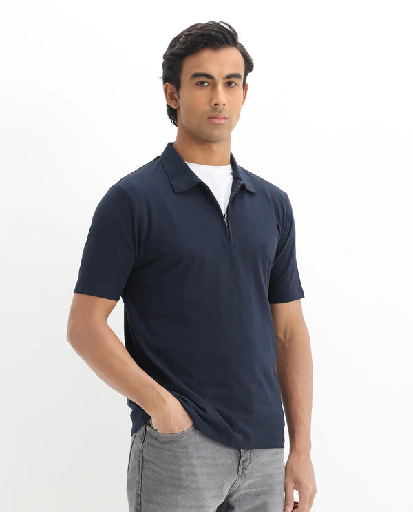 Rare Rabbit Men Thero Navy Cotton Lycra Fabric Short Sleeve Embroidered Collar Zipper Closure Plain Polo T-Shirt