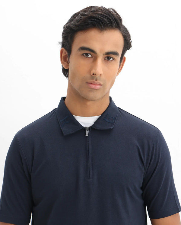 Rare Rabbit Men Thero Navy Cotton Lycra Fabric Short Sleeve Embroidered Collar Zipper Closure Plain Polo T-Shirt