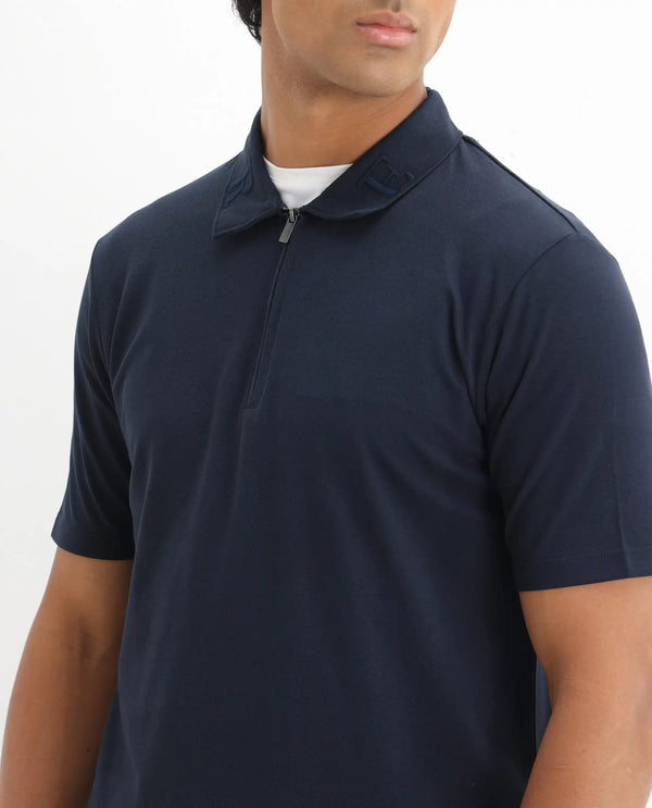 Rare Rabbit Men Thero Navy Cotton Lycra Fabric Short Sleeve Embroidered Collar Zipper Closure Plain Polo T-Shirt