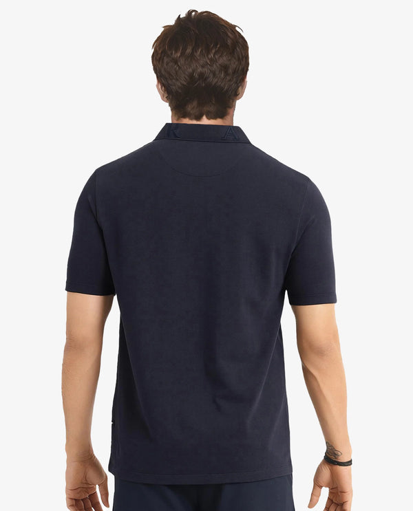 Rare Rabbit Men Thero Navy Cotton Lycra Fabric Short Sleeve Embroidered Collar Zipper Closure Plain Polo T-Shirt