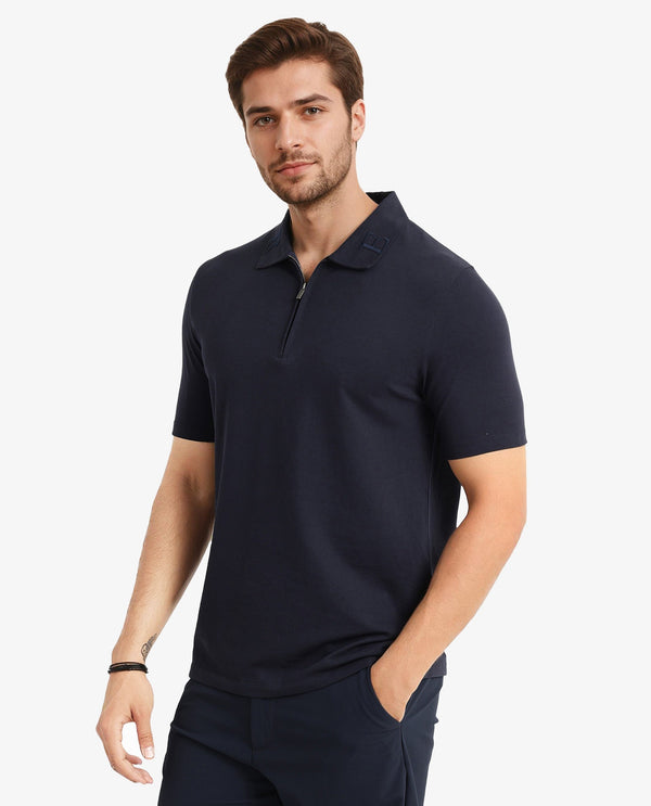 Rare Rabbit Men Thero Navy Cotton Lycra Fabric Short Sleeve Embroidered Collar Zipper Closure Plain Polo T-Shirt