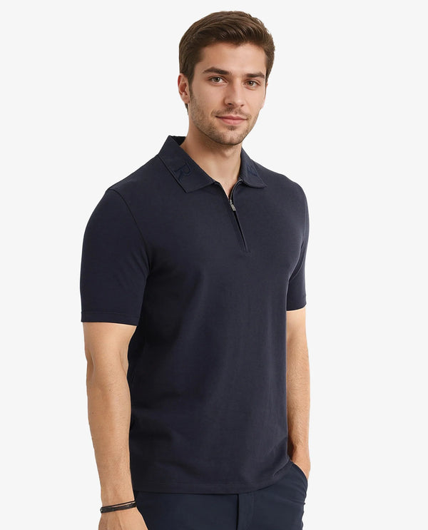 Rare Rabbit Men Thero Navy Cotton Lycra Fabric Short Sleeve Embroidered Collar Zipper Closure Plain Polo T-Shirt