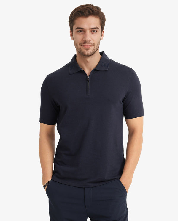 Rare Rabbit Men Thero Navy Cotton Lycra Fabric Short Sleeve Embroidered Collar Zipper Closure Plain Polo T-Shirt