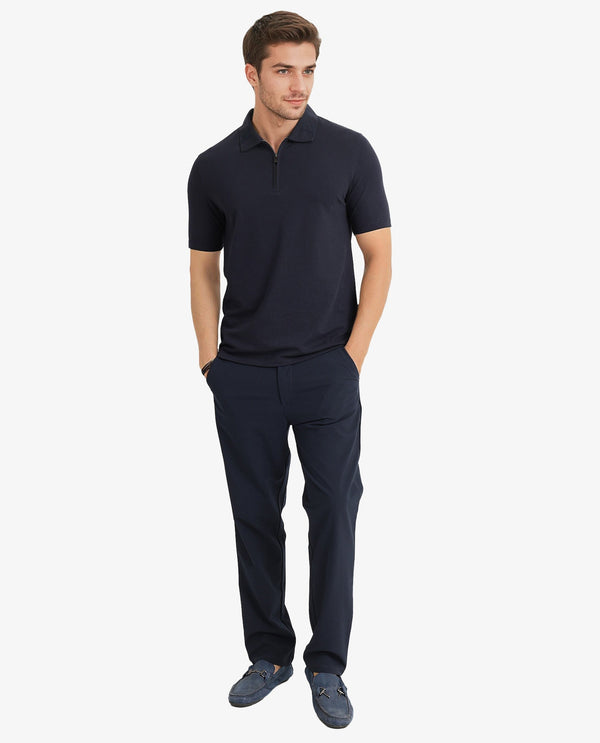 Rare Rabbit Men Thero Navy Cotton Lycra Fabric Short Sleeve Embroidered Collar Zipper Closure Plain Polo T-Shirt