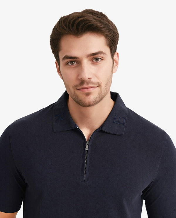Rare Rabbit Men Thero Navy Cotton Lycra Fabric Short Sleeve Embroidered Collar Zipper Closure Plain Polo T-Shirt