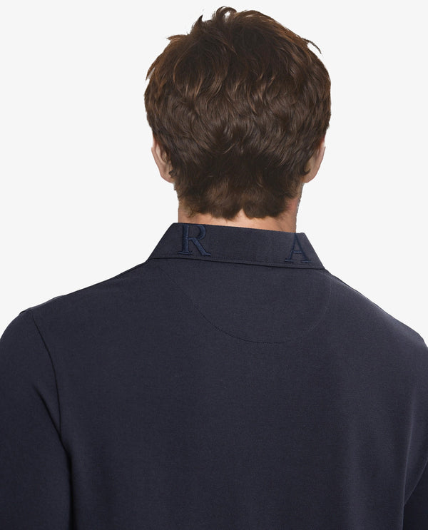 Rare Rabbit Men Thero Navy Cotton Lycra Fabric Short Sleeve Embroidered Collar Zipper Closure Plain Polo T-Shirt