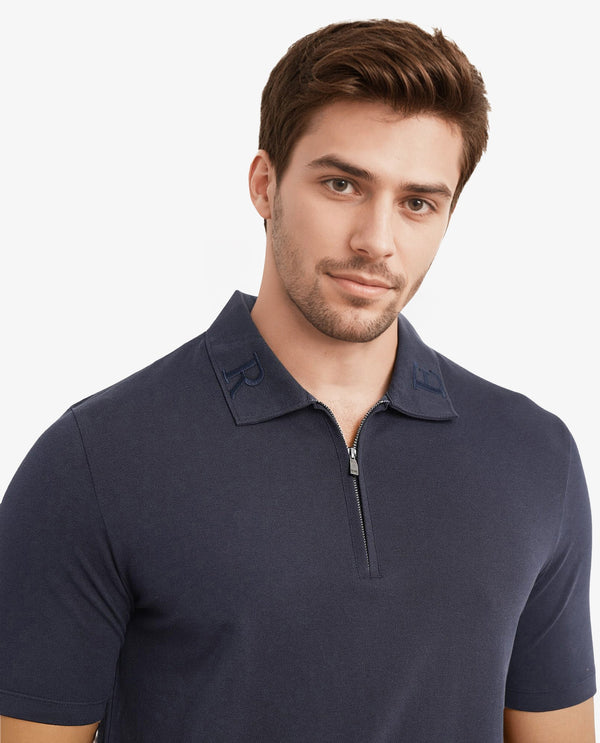 Rare Rabbit Men Thero Navy Cotton Lycra Fabric Short Sleeve Embroidered Collar Zipper Closure Plain Polo T-Shirt