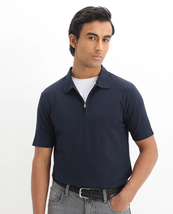Rare Rabbit Men Thero Navy Cotton Lycra Fabric Short Sleeve Embroidered Collar Zipper Closure Plain Polo T-Shirt