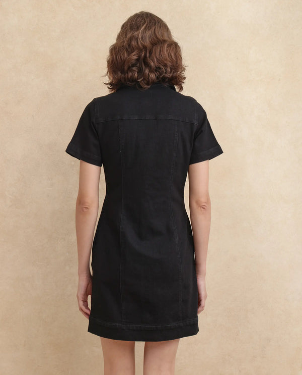 Rareism Women Thio Black Cotton Polyester Fabric Short Sleeve Collared Neck Regular Fit Plain Dress