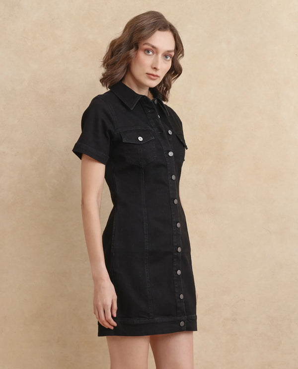 Rareism Women Thio Black Cotton Polyester Fabric Short Sleeve Collared Neck Regular Fit Plain Dress