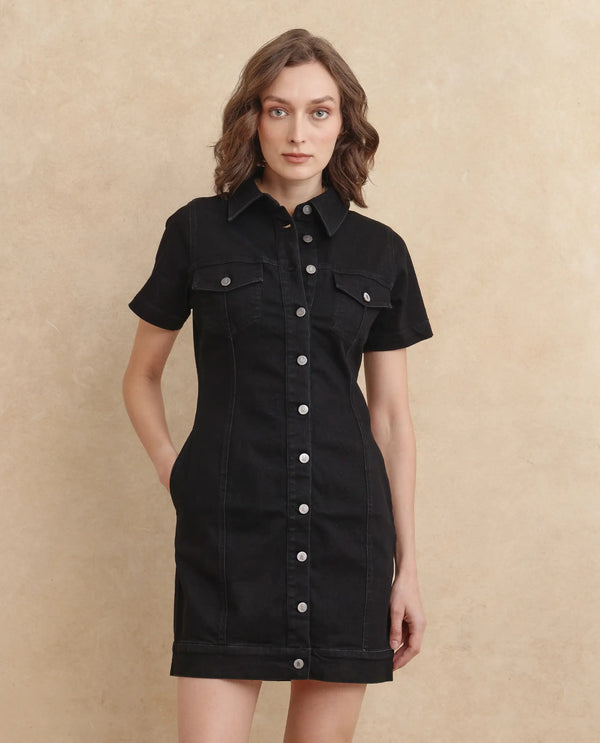 Rareism Women Thio Black Cotton Polyester Fabric Short Sleeve Collared Neck Regular Fit Plain Dress