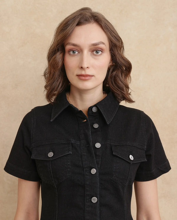 Rareism Women Thio Black Cotton Polyester Fabric Short Sleeve Collared Neck Regular Fit Plain Dress