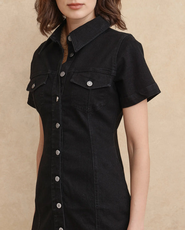 Rareism Women Thio Black Cotton Polyester Fabric Short Sleeve Collared Neck Regular Fit Plain Dress