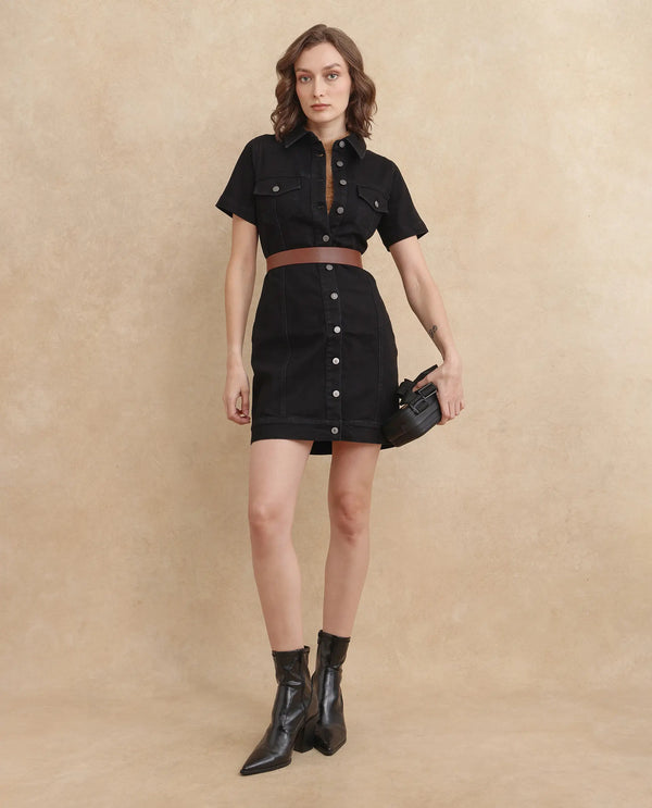 Rareism Women Thio Black Cotton Polyester Fabric Short Sleeve Collared Neck Regular Fit Plain Dress