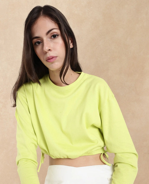 Rareism Women Thistle Flouroscent Green Cotton Fabric Full Sleeve Crew Neck Solid Regular Fit Top