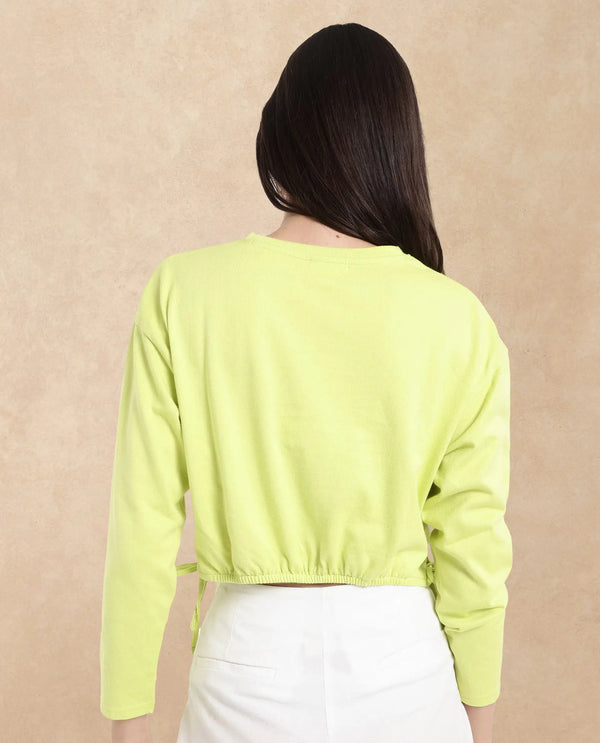 Rareism Women Thistle Flouroscent Green Cotton Fabric Full Sleeve Crew Neck Solid Regular Fit Top