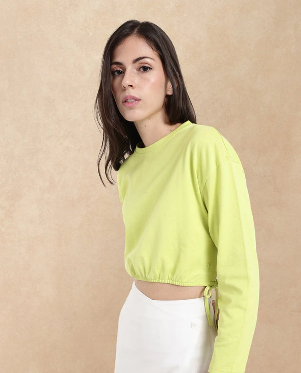 Rareism Women Thistle Flouroscent Green Cotton Fabric Full Sleeve Crew Neck Solid Regular Fit Top