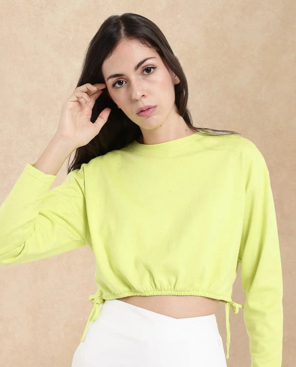 Rareism Women Thistle Flouroscent Green Cotton Fabric Full Sleeve Crew Neck Solid Regular Fit Top