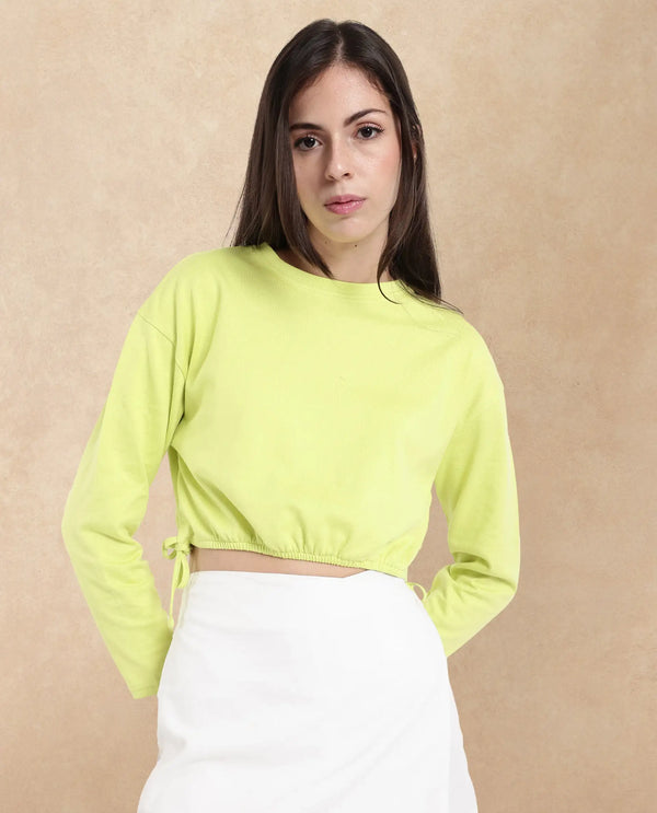 Rareism Women Thistle Flouroscent Green Cotton Fabric Full Sleeve Crew Neck Solid Regular Fit Top