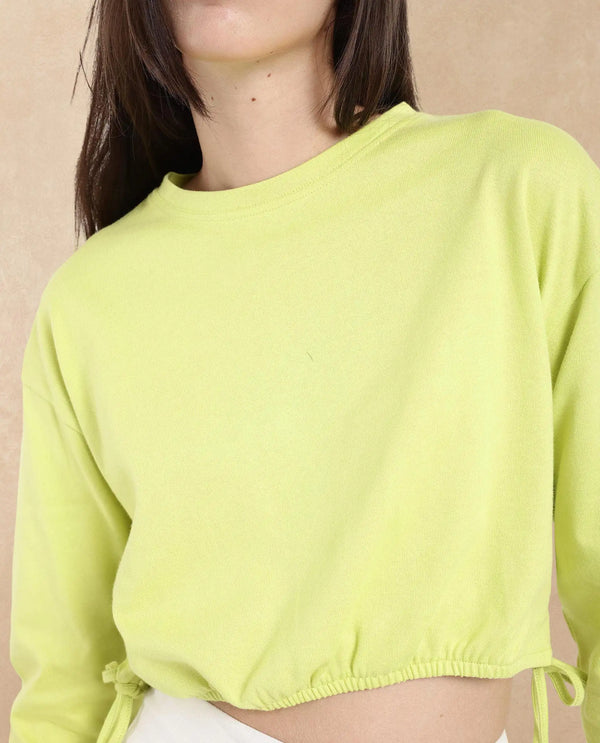 Rareism Women Thistle Flouroscent Green Cotton Fabric Full Sleeve Crew Neck Solid Regular Fit Top