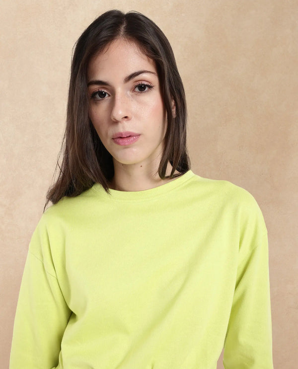 Rareism Women Thistle Flouroscent Green Cotton Fabric Full Sleeve Crew Neck Solid Regular Fit Top