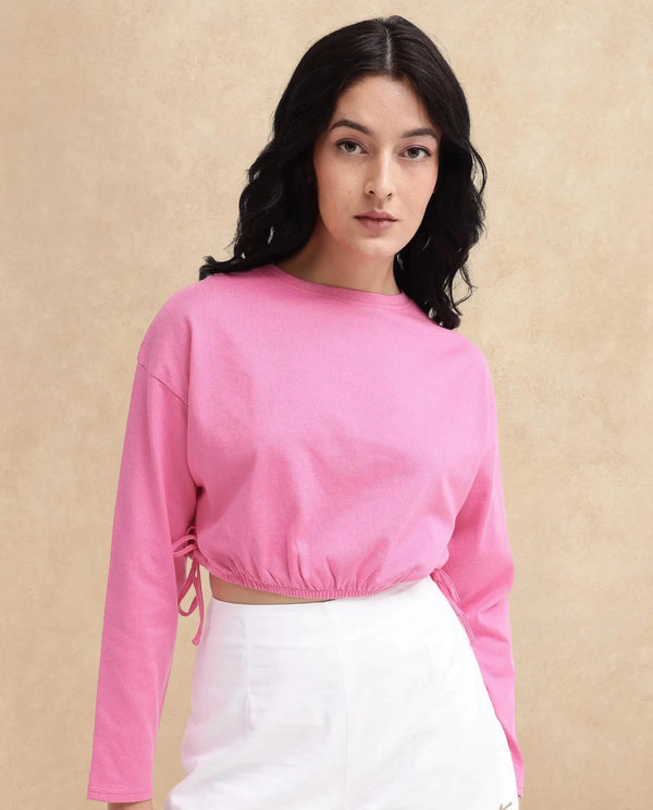 Rareism Women Thistle Pink Cotton Fabric Full Sleeve Crew Neck Solid Regular Fit Top