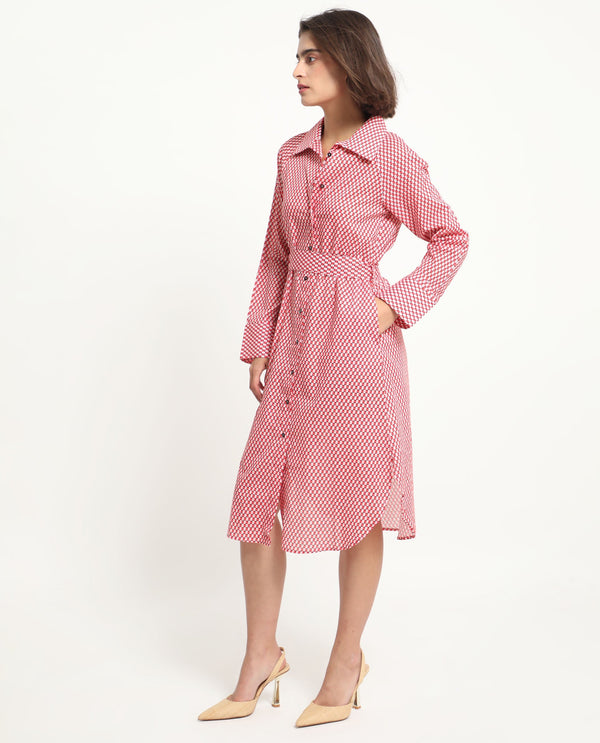 Rareism Women Thomson Red Cotton Fabric Full Sleeves Button Closure Shirt Collar Cuffed Sleeve Fit And Flare Checked Midi Boxy Dress