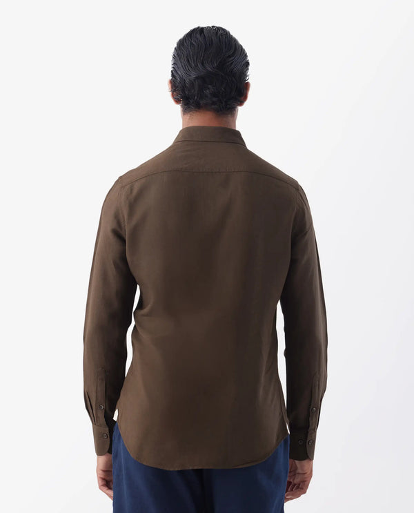 Rare Rabbit Mens Throna Brown Linen Blend Fabric Full Sleeve Solid Shirt