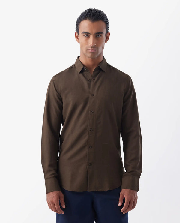 Rare Rabbit Mens Throna Brown Linen Blend Fabric Full Sleeve Solid Shirt