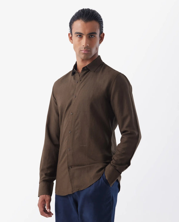 Rare Rabbit Mens Throna Brown Linen Blend Fabric Full Sleeve Solid Shirt
