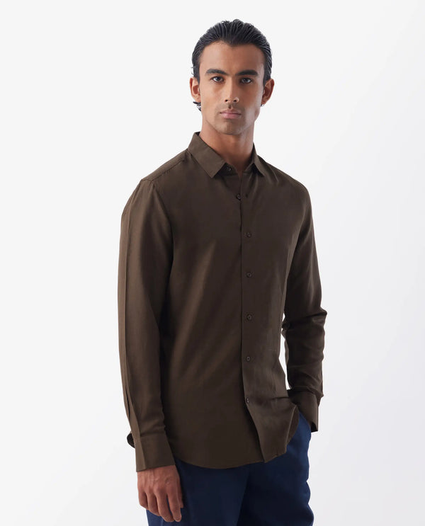 Rare Rabbit Mens Throna Brown Linen Blend Fabric Full Sleeve Solid Shirt