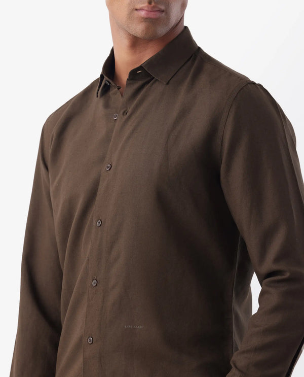 Rare Rabbit Mens Throna Brown Linen Blend Fabric Full Sleeve Solid Shirt