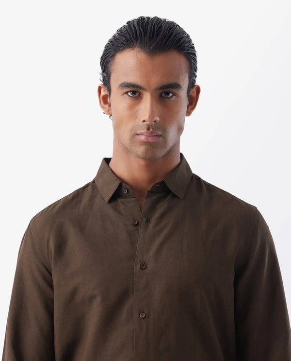 Rare Rabbit Mens Throna Brown Linen Blend Fabric Full Sleeve Solid Shirt