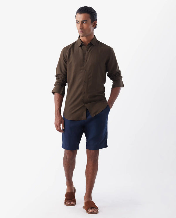 Rare Rabbit Mens Throna Brown Linen Blend Fabric Full Sleeve Solid Shirt