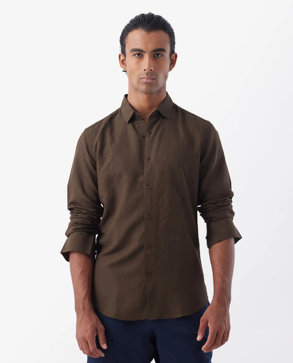 Rare Rabbit Mens Throna Brown Linen Blend Fabric Full Sleeve Solid Shirt