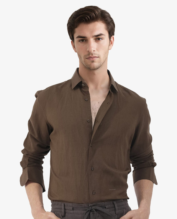 Rare Rabbit Mens Throna Brown Linen Blend Fabric Full Sleeve Solid Shirt