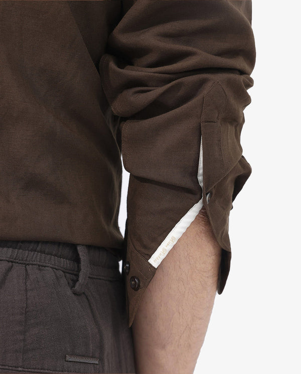 Rare Rabbit Mens Throna Brown Linen Blend Fabric Full Sleeve Solid Shirt