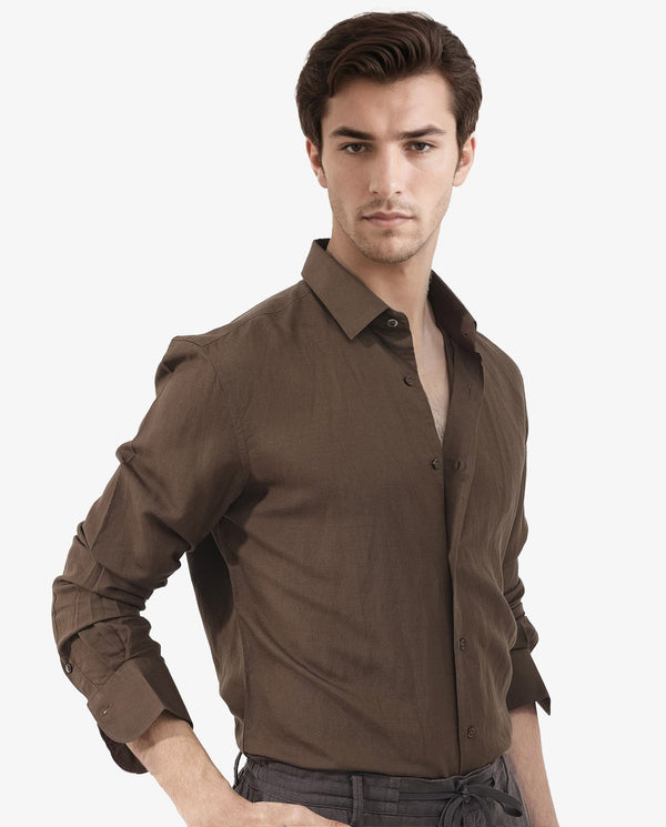 Rare Rabbit Mens Throna Brown Linen Blend Fabric Full Sleeve Solid Shirt