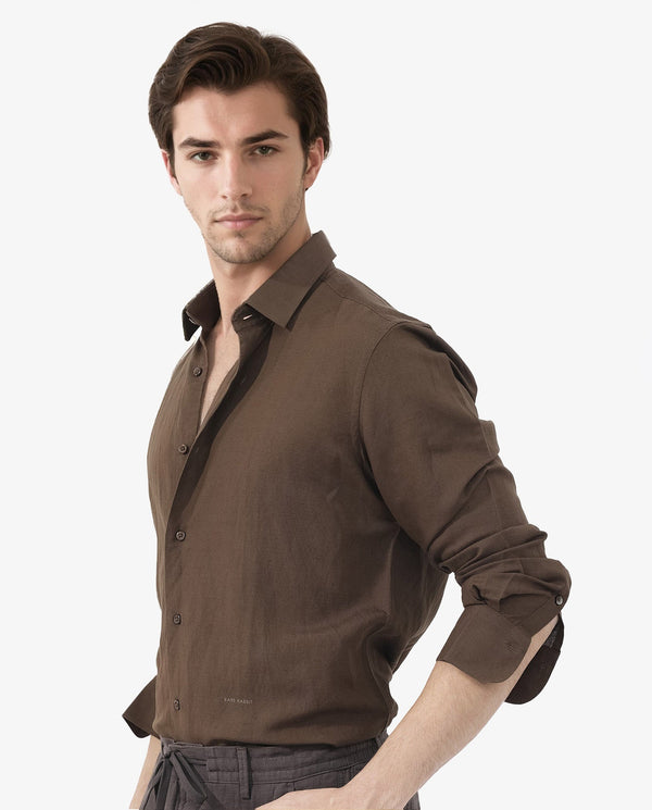 Rare Rabbit Mens Throna Brown Linen Blend Fabric Full Sleeve Solid Shirt