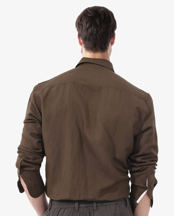 Rare Rabbit Mens Throna Brown Linen Blend Fabric Full Sleeve Solid Shirt