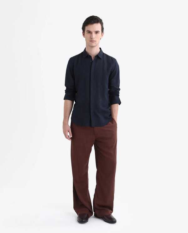 Rare Rabbit Men's Throner Navy Full Sleeves Solid Linen Blend Shirt